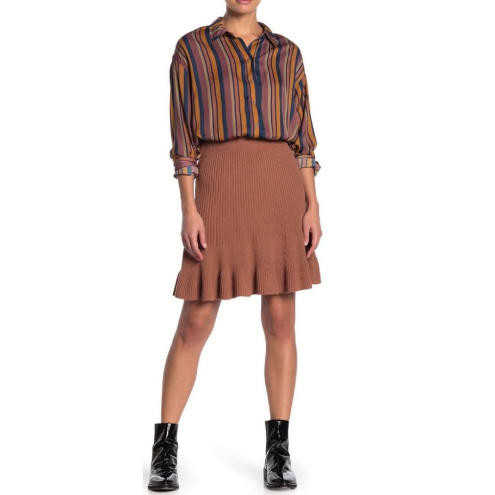 Free People Ribbed Knit Ruffle Mini Skirt in Cocoa - Picture 1 of 12